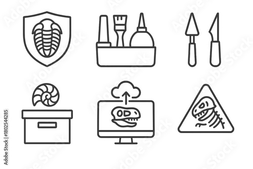 Paleontology Icons Set. Line style icons of paleontology: preservation policy, conservation toolkit, restoration tools, archival