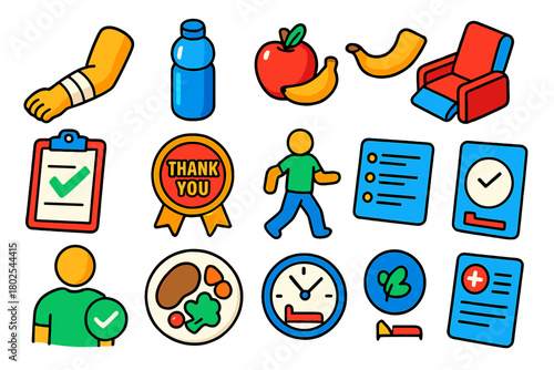 Donor Aftercare Icons. Isometric vector illustration set Donor Aftercare Icons: bandaged arm, water bottle, fruit snack, rest