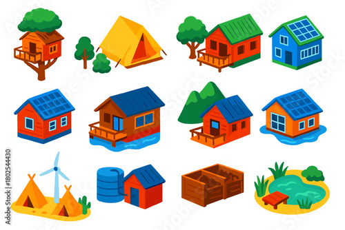 Eco Lodging Icons. Isometric vector illustration set Eco Lodging: treehouse cabin, glamping tent, eco lodge, solar-powered hostel,