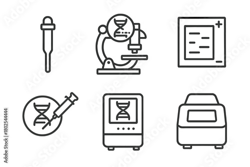 Genetic Engineering Icons. Line style icons of genetic engineering: laboratory pipette, gene editing microscope, DNA gel