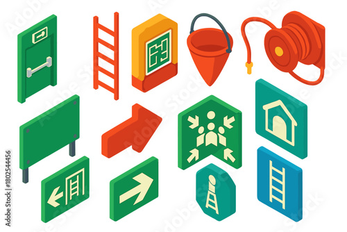 Safety Icons Collection. Isometric vector illustration set Safety and Warning: emergency exit door, escape ladder, evacuation plan