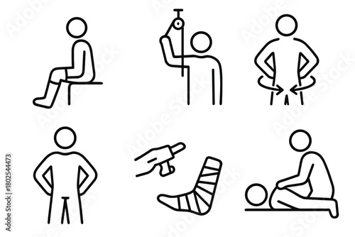 Orthopedic Therapy Icons. Line style icons of orthopedic physiotherapy: knee flexion, shoulder pulley, hip rotation, spine support