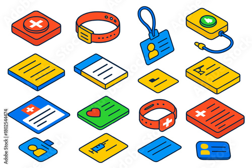 Set of cards with various shapes and colors, including a red cross, a heart