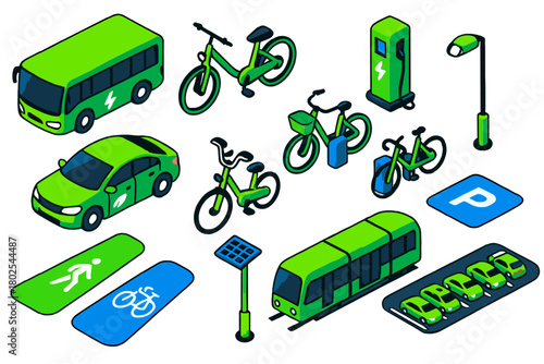 Green Transportation Icons. Isometric vector illustration set Green Transportation: electric bus, electric bicycle, electric