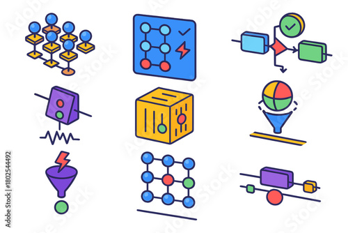 Quantum Error Correction Icons. Isometric vector illustration set Quantum Error Correction: qubit redundancy diagram, parity check