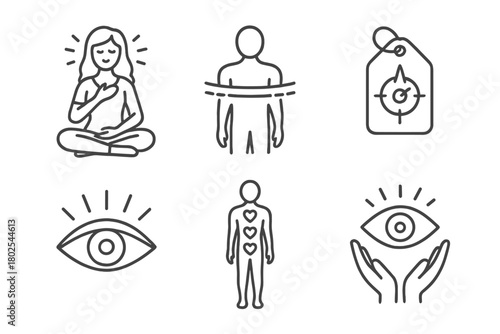 Holistic Healing Icons. Line style icons of holistic healing: intuitive healing, body scan icon, inner compass tag, third eye glow