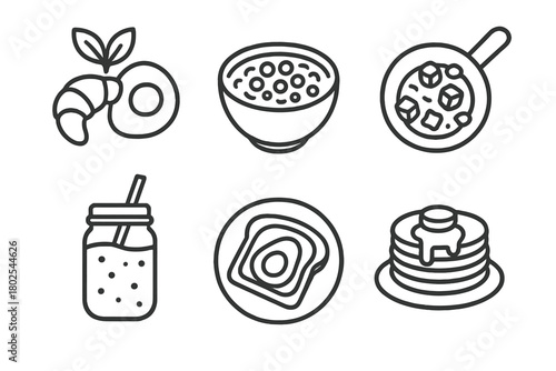 Vegan Breakfast Icons. Line style icons of vegan diet: vegan breakfast ideas, oatmeal bowl with berries, tofu scramble pan,