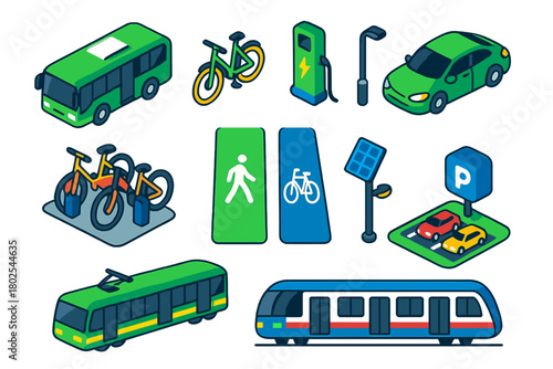Green Transportation Icons. Isometric vector illustration set Green Transportation: electric bus, electric bicycle, electric