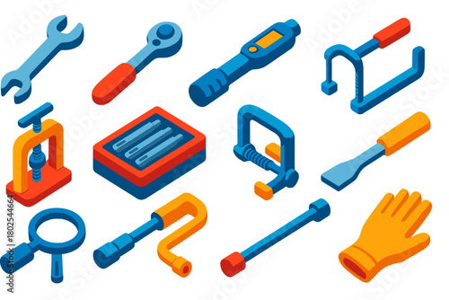 Mechanics Repair Tools Icons. Isometric vector illustration set Mechanics Repair Icons: open wrench icon, ratchet wrench, torque