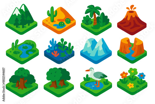 Protected Landscapes Icons. Isometric vector illustration set Protected Landscapes: mountain reserve, desert sanctuary, wetland