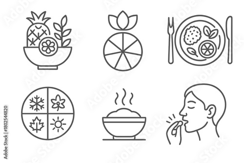 Ayurveda Line Icons. Line style icons of Ayurveda: Ayurvedic nutrition, six taste chart, balanced meal plate, seasonal eating