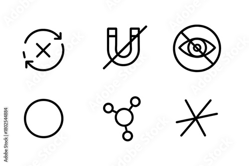 Dark Matter Icons. Line style icons of dark matter: weak interaction symbol, no electromagnetic interaction, invisible to light,