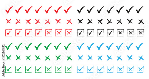 Set of Check Marks and Crosses in Various Colors Red Green Blue and Black on Transparent Background Symbols for Approval and Disapproval
