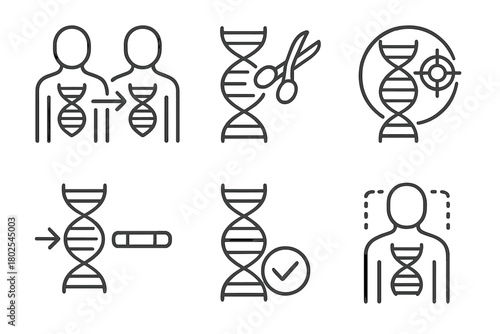 Cloning Technology Icons. Line style icons of cloning technology: gene editing in clones, CRISPR tool icon, targeted modification,