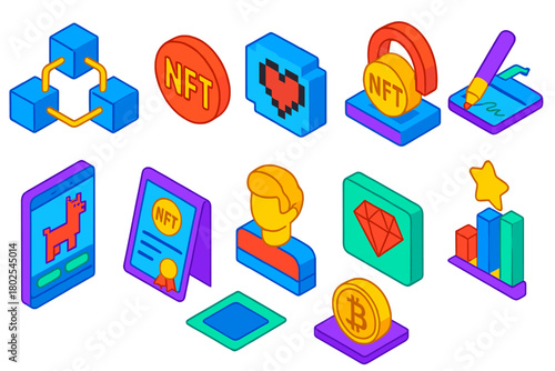 NFT Icon Set. Isometric vector illustration set NFT Basics: blockchain icon, NFT token symbol, pixel art image, minting process