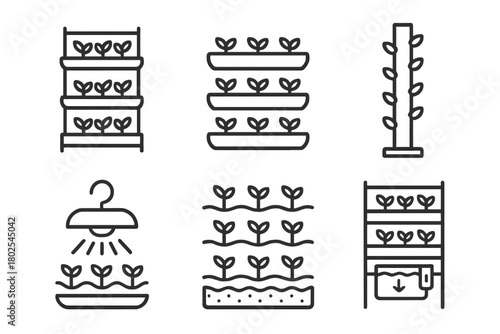Hydroponics Line Icons. Line style icons of hydroponics: vertical farming, stacked grow trays, vertical pipe tower, multilevel