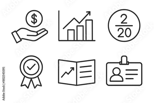 Hedge Fund Icons. Line style icons of hedge funds: incentive fee icon, management fee chart, two-and-twenty formula, audited