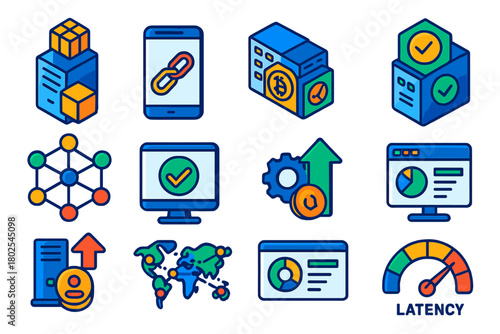 Blockchain Node Icons. Isometric vector illustration set Blockchain Nodes: full node server, light node device, mining node,