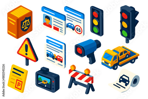 Isometric Traffic Law Icons. Isometric vector illustration set Law and Justice: traffic law book, driver’s license, vehicle