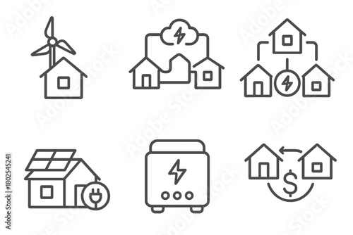 Renewable Energy Icons. Line style icons of renewable energy: rooftop wind turbine, microgrid system, decentralized power, home
