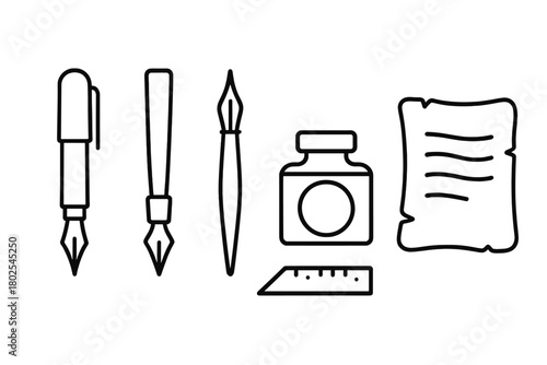 Calligraphy Tools Icons. Line style icons of Western Calligraphy Instruments: fountain pen, broad nib, copperplate pen, ink bottle