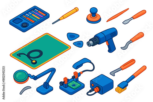 Tech Repair Toolkit. Isometric vector illustration set Tech Repair Tools: anti-static mat, precision screwdriver set, spudger tool