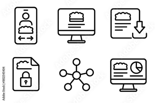 Hedge Fund Line Art. Line style icons of hedge funds: digital onboarding process, online investor portal, fund data feed,