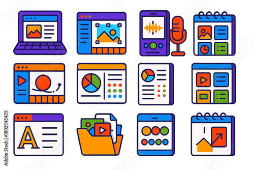 Digital Content Creation Tools. Isometric vector illustration set Content Creation Tools: blog editor, image editing software,