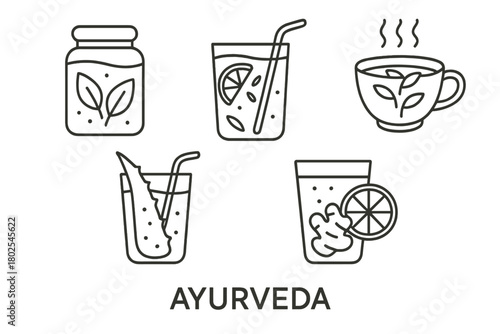 Ayurveda Detox Icons. Line style icons of Ayurveda: detox drinks, cumin-lime water icon, triphala tea cup, aloe detox glass, lemon