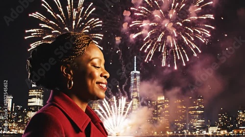 A woman joyfully experiences a dazzling fireworks display, with city lights as a backdrop, evoking a sense of wonder and celebration.