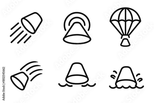 Space Exploration Icons. Line style icons of space exploration: capsule reentry, heat shield icon, atmospheric friction, parachute
