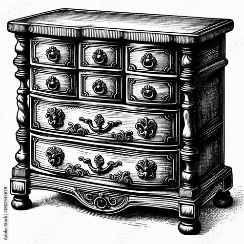 Black and white illustration of a vintage classic chest of drawers. Vector graphics. EPS.