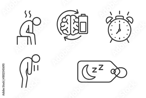 Mental Health Icons. Line style icons of mental health: burnout and recovery, overworked brain icon, empty battery symbol, clock