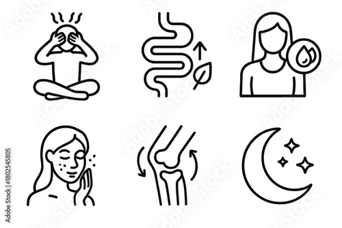 Chronic Condition Icons. Line style icons of chronic condition support: anxiety relief, digestive balance, hormonal support, skin