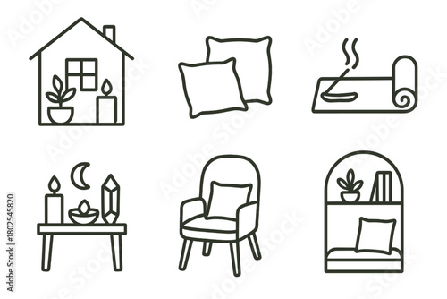 Holistic Healing Icons. Line style icons of holistic healing: home healing space, cozy pillow corner icon, incense and mat symbol,