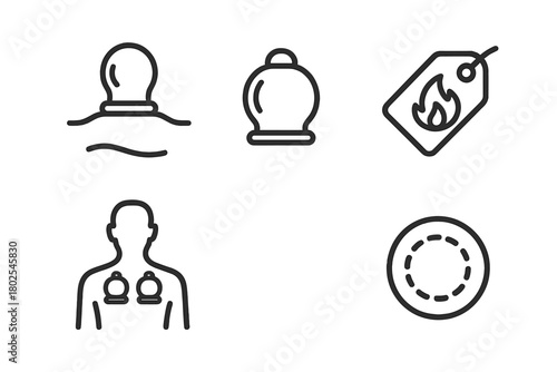 Acupuncture Line Icons. Line style icons of acupuncture: cupping therapy, glass cup icon, suction cup symbol, back with cups, fire