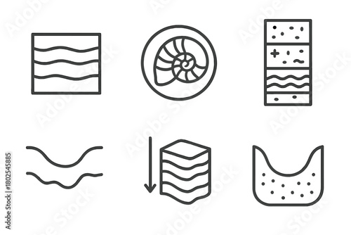 Paleontology Line Icons. Line style icons of paleontology: sedimentary rock layer, fossil cross-section, stratigraphic column,