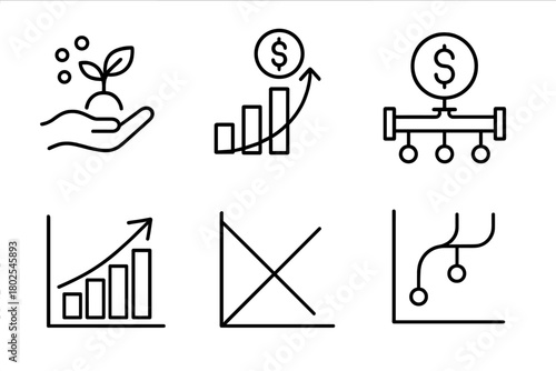 Private Equity Icons. Line style icons of private equity: seed funding, series A icon, series B funding, venture-to-PE pipeline,