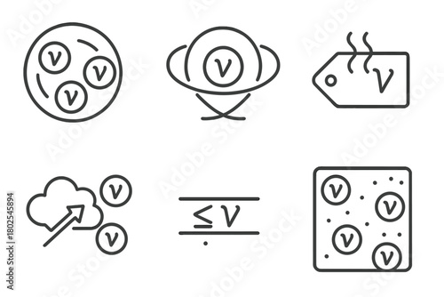 Dark Matter Icons. Line style icons of dark matter: neutrino background, relic neutrino symbol, hot dark matter tag, early