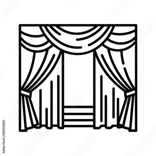 Elegant theatrical stage curtains with valance and drapes, line art icon representing performance, show, or event design.