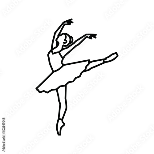 Elegant line art illustration of a ballerina performing an arabesque, graceful ballet dancer in a classical pose.