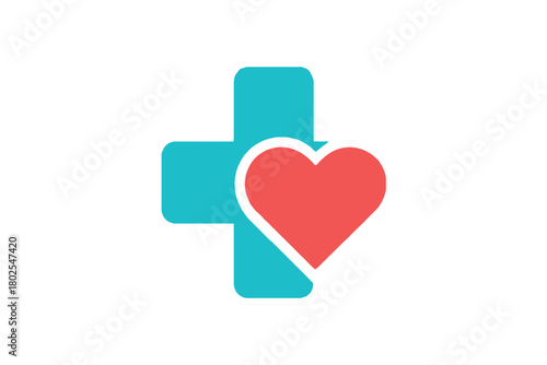 A turquoise cross with a red heart overlaid on a white background.
