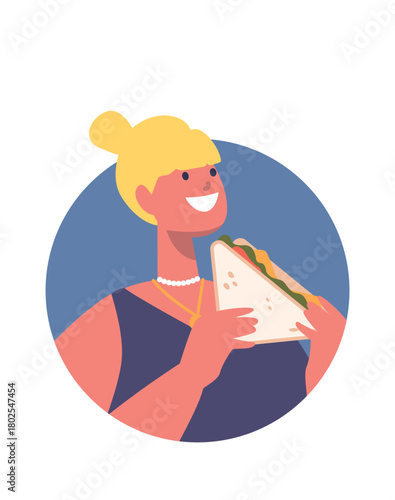 Woman eating sandwich cartoon avatar