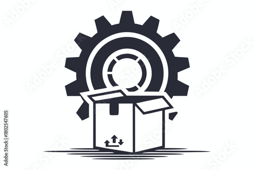 Black outline shows gear above an open box with arrows on light background