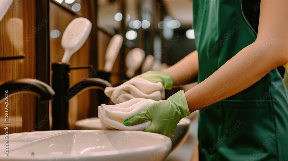 Fototapeta premium A person in a green apron and gloves cleans a sink in a brightly lit setting