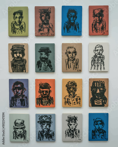 Sixteen portraits with colorful background shows a sketch of different men facing forward
