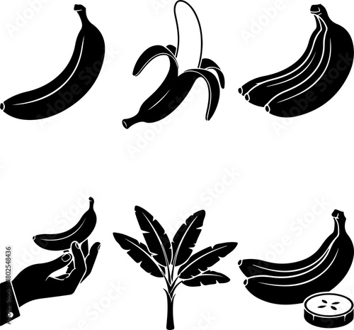 Banana icon collection - vector outline and silhouette Png Transparent background