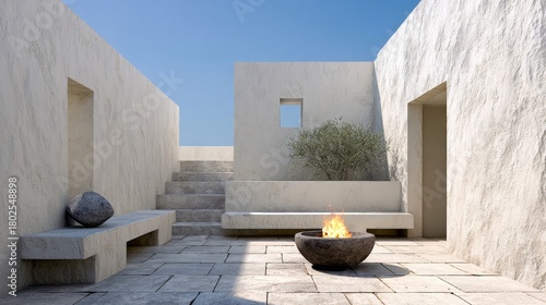 A white building with a fire pit and a bench. The fire pit is surrounded by a stone bowl and there is a plant in the middle of the area. The building has a modern design