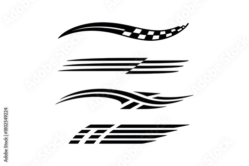 A collection of racing stripe decals for vehicles, presented against a white background.