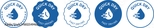 Set of five quick dry icons in blue, featuring fast drying water drop and clock symbols for product labeling, garment technology, and paint attributes